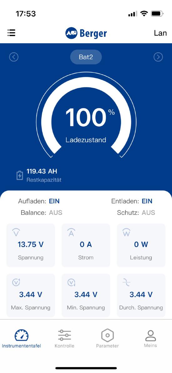 Die Berger LFP App mit Batterieanzeige